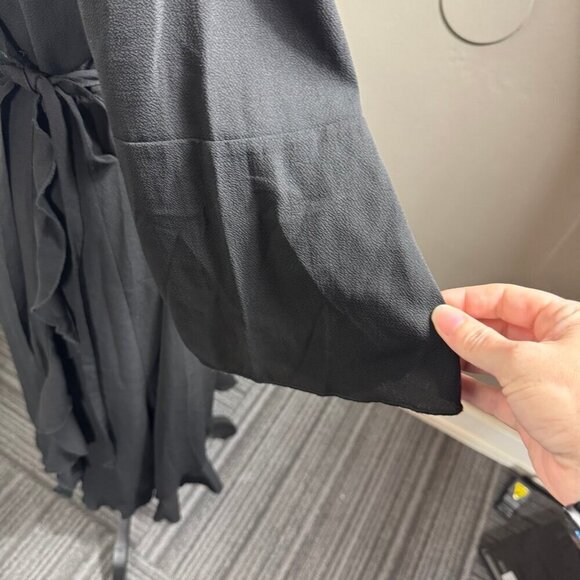 Outrageous Fortune Plus ruffle wrap dress with fluted sleeve in black - Picture 7 of 11